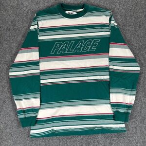 Palace Skateboards Mens Striped Long Sleeve T-Shirt Green White Red Logo Medium